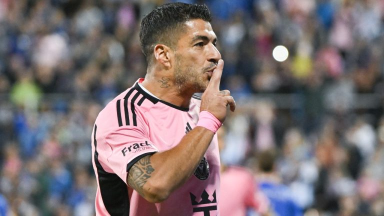 Inter Miami forward Luis Suarez (9) reacts after scoring against CF Montreal during first half MLS soccer action in Montreal, Saturday, May 11, 2024. (Graham Hughes/CP)