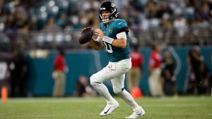 Jacksonville Jaguars quarterback Mac Jones (10) looks for a receiver during the second half of a preseason NFL football game against the Kansas City Chiefs, Saturday, Aug. 10, 2024, in Jacksonville, Fla. (AP Photo/Phelan M. Ebenhack)