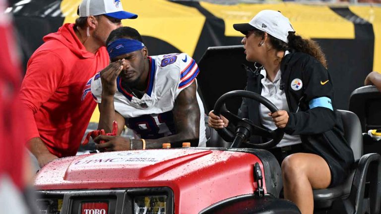 Buffalo Bills wide receiver Marquez Valdes-Scantling (81) is driven off the field during the second half of an NFL preseason football game against the Pittsburgh Steelers. (David Dermer/AP)