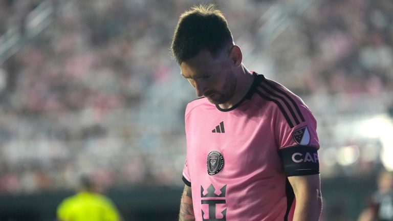 Inter Miami forward Lionel Messi walks on the field during the second half of an MLS soccer match against D.C. United, Saturday, May 18, 2024, in Fort Lauderdale, Fla. (Lynne Sladky/AP)