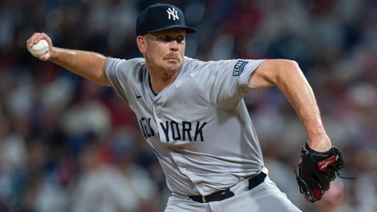 New York Yankees relief pitcher Michael Tonkin delivers during the baseball game against the Philadelphia Phillies, Monday, July 29, 2024, in Philadelphia. (Chris Szagola/AP)