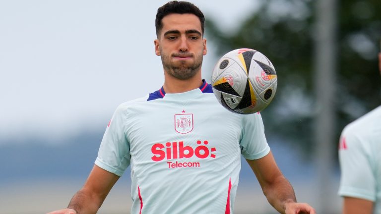 Spain's Mikel Merino controls the ball during a training session ahead of Sunday's Euro 2024, final soccer match in Donaueschingen, Germany, Wednesday, July 10, 2024. (AP/Manu Fernandez)