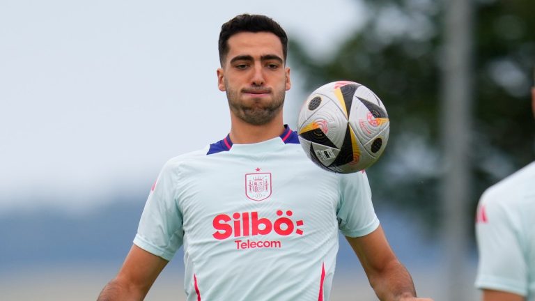 Spain's Mikel Merino controls the ball during a training session ahead of Sunday's Euro 2024, final soccer match in Donaueschingen, Germany, Wednesday, July 10, 2024. (AP/Manu Fernandez, File)