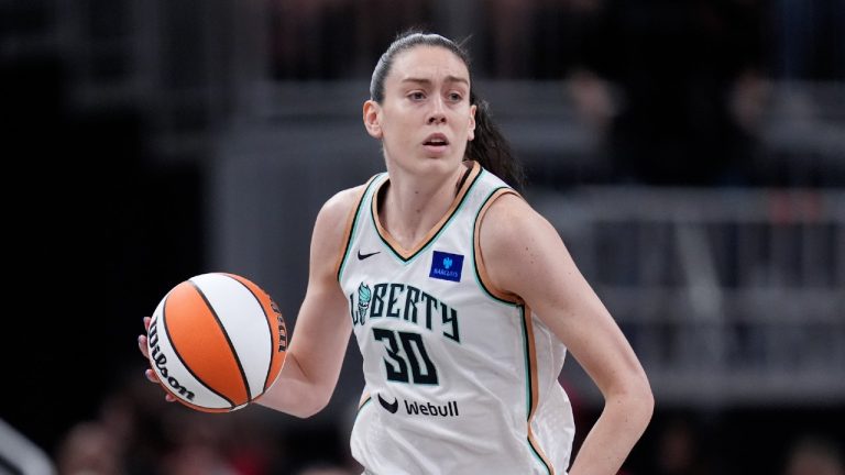 New York Liberty forward Breanna Stewart (30) drives up court in the first half of a WNBA basketball game against the Indiana Fever, Thursday, May 16, 2024, in Indianapolis. (Michael Conroy/AP)