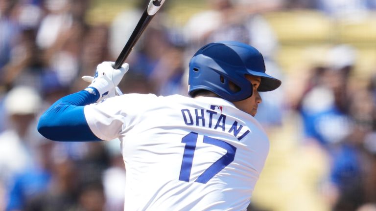 Los Angeles Dodgers designated hitter Shohei Ohtani (17) waits for a pitch during the first inning of a baseball game against the Tampa Bay Rays in Los Angeles, Sunday, Aug. 25, 2024. (Ashley Landis/AP)