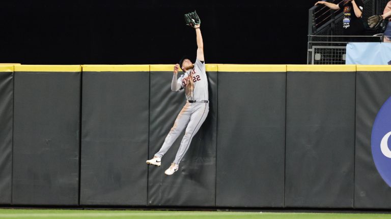 Detroit Tigers centre fielder Parker Meadows leaps and catches a ball hit by Seattle Mariners' Cal Raleigh during the eighth inning in a baseball game, Wednesday, Aug. 7, 2024, in Seattle. (John Froschauer/AP)