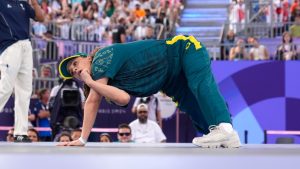 Australia's Rachael Gunn, known as B-Girl Raygun, competes during the Round Robin Battle at the breaking competition at La Concorde Urban Park at the 2024 Summer Olympics, Friday, Aug. 9, 2024, in Paris, France. (Frank Franklin/AP)