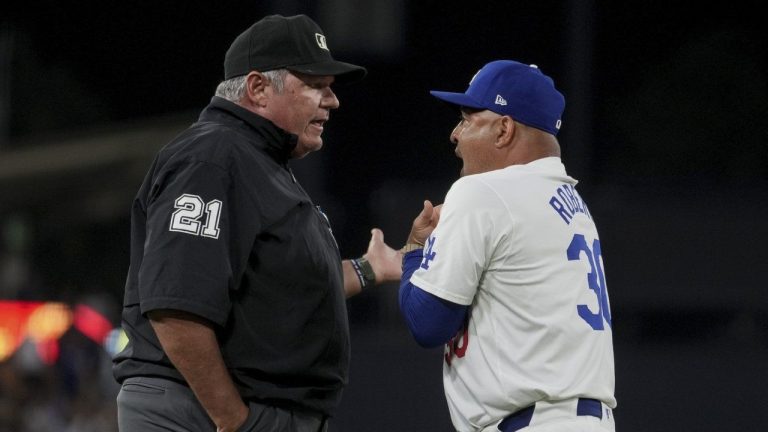 Los Angeles Dodgers manager Dave Roberts is ejected during the sixth inning of a baseball game against Philadelphia Phillies. (Eric Thayer/AP)