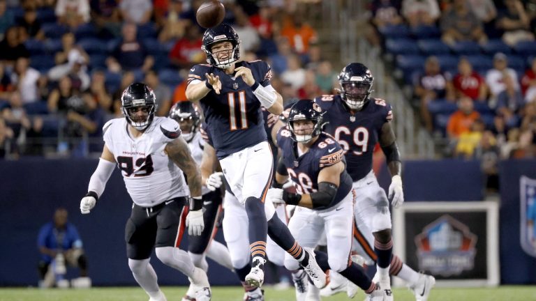 Chicago Bears quarterback Brett Rypien (11) throws the ball during an NFL preseason football game against the Houston Texans, Thursday Aug. 21, 2024, in Canton, Ohio. (Kirk Irwin/AP)