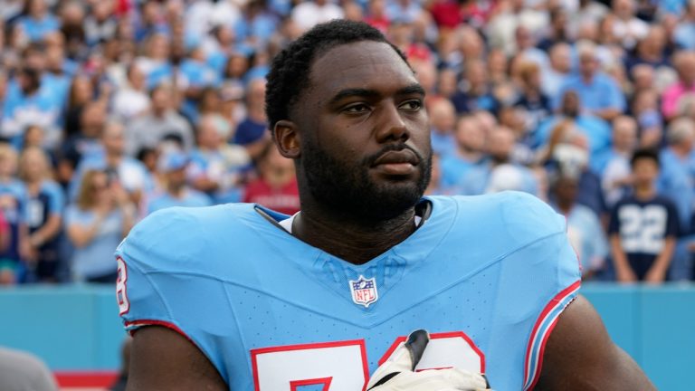 Tennessee Titans offensive tackle Nicholas Petit-Frere before an NFL game against the Atlanta Falcons, Oct. 29, 2023. (AP Photo/George Walker IV)