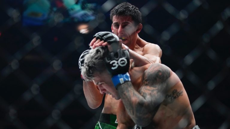 Australia's Steve Erceg, top, punches Brazil's Alessandro Costa during the third round of a flyweight bout at UFC 295. (Frank Franklin II/AP)