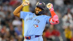 Toronto Blue Jays' Vladimir Guerrero Jr. gestures on second after a double in the fifth inning of a baseball game against the Los Angeles Angels Wednesday, Aug. 14, 2024, in Anaheim, Calif. (Jayne-Kamin-Oncea/AP)