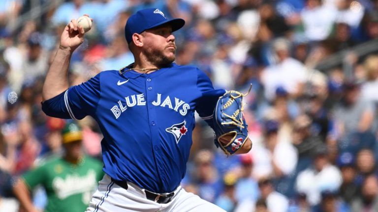 Toronto Blue Jays starting pitcher Yariel Rodriguez throws to an Oakland Athletics batter in first inning American League baseball action in Toronto on Saturday, Aug 10, 2024. (Jon Blacker/CP Photo)