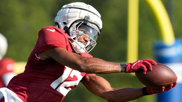 Arizona Cardinals wide receiver Zay Jones makes a catch during a joint NFL football practice with the Indianapolis Colts, Wednesday, Aug. 14, 2024, in Westfield, Ind. (AP Photo/Darron Cummings)