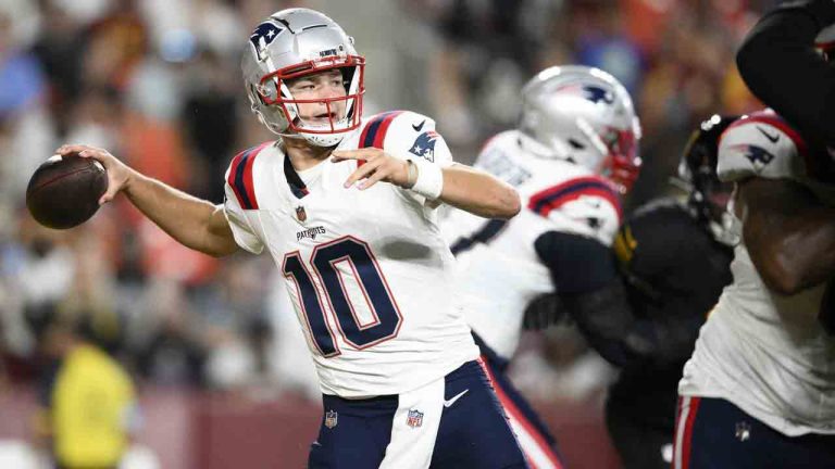 New England Patriots quarterback Drake Maye (10) passes against the Washington Commanders during the first half of a preseason NFL football game, Sunday, Aug. 25, 2024, in Landover, Md. (Nick Wass/AP)