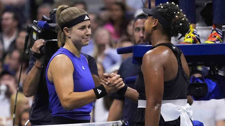 Karolina Muchova, of the Czech Republic, shakes hands with Naomi Osaka, of Japan, after winning their second round of the U.S. Open tennis championships, Thursday, Aug. 29, 2024, in New York. (Matt Rourke/AP)