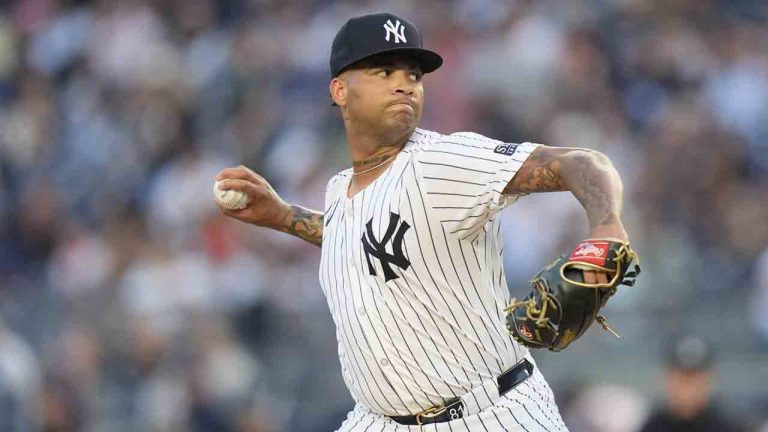 New York Yankees pitcher Luis Gil throws during the first inning of a baseball game against the Cleveland Guardians at Yankee Stadium Tuesday, Aug. 20, 2024, in New York. (Seth Wenig/AP)