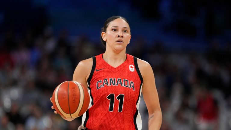 Canada's Natalie Achonwa dribbles during a women's basketball game against Australia at the 2024 Summer Olympics, Thursday, Aug. 1, 2024, in Villeneuve-d'Ascq, France. (Michael Conroy/AP Photo)