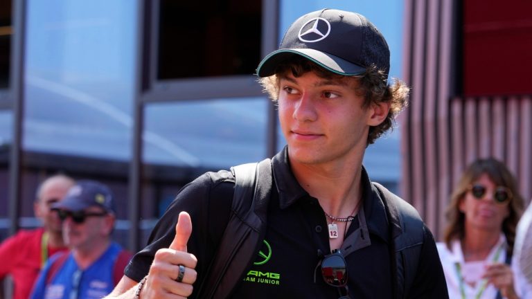 Mercedes driver Andrea Kimi Antonelli of Italy thus up in the paddock at the Monza racetrack, in Monza, Italy, Thursday, Aug.29, 2024. The Formula one race will be held on Sunday. (Luca Bruno/AP)