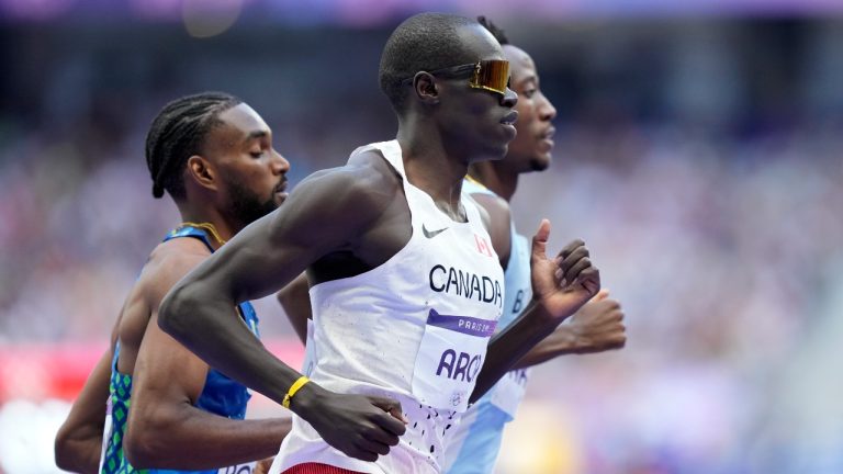 Marco Arop, of Canada, runs in a men's 800 metres round 1 heat at the 2024 Summer Olympics, Wednesday, Aug. 7, 2024, in Saint-Denis, France. (Martin Meissner/AP Photo)