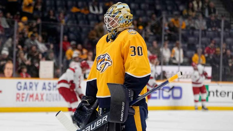 Goaltender Yaroslav Askarov (30). (George Walker IV/AP)