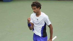 Gabriel Diallo, of Canada, reacts after scoring a point against Arthur Fils, of France, during the second round of the U.S. Open tennis championships, Thursday, Aug. 29, in New York. 2024. THE CANADIAN PRESS/AP-Pamela Smith