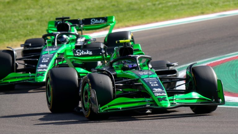 Sauber drivers Zhou Guanyu of China, right, and Valtteri Bottas of Finland steer cars during second free practice at the Dino and Enzo Ferrari racetrack, in Imola, Italy, Friday, May 17, 2024. (Luca Bruno/AP)