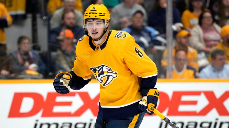 Nashville Predators' Cody Glass (8) plays against the Columbus Blue Jackets during the third period of an NHL hockey game Saturday, April 13, 2024, in Nashville, Tenn. (Mark Humphrey/AP)