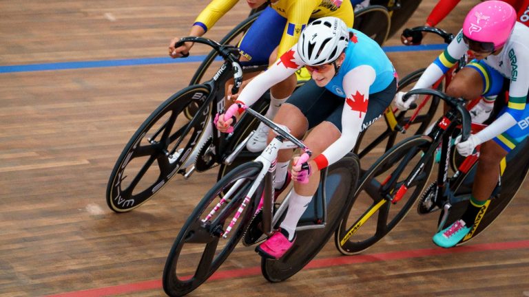 Canada's Maggie Coles-Lyster competes in women's omnium in track cycling at the Lima Pan American Games on Saturday, Aug. 03, 2019. (Dave Holland/THE CANADIAN PRESS/HO-COC)