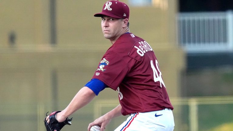 Texas Rangers pitcher Jacob deGrom winds up to throw during his rehab start in a Frisco Rough Riders baseball game in Frisco, Texas, Thursday, Aug. 22, 2024, (LM Otero/AP)