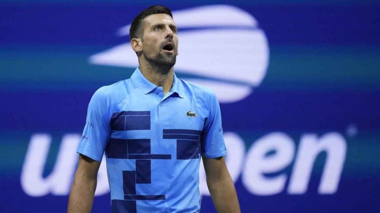 Novak Djokovic, of Serbia, reacts against Alexei Popyrin, of Australia, during a third round match of the U.S. Open tennis championships. (Julia Nikhinson/AP)
