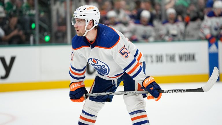 Edmonton Oilers' Dylan Holloway waits on a face off against the Dallas Stars in Game 1 of the NHL hockey Western Conference Stanley Cup playoff finals, Thursday, May 23, 2024, in Dallas. (Tony Gutierrez/AP)