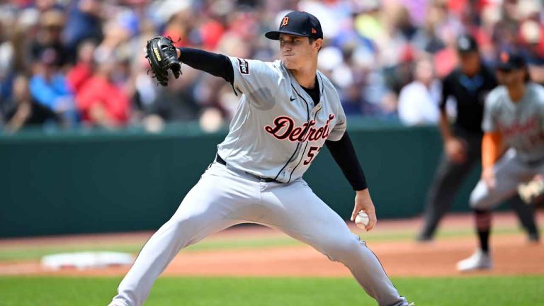 Detroit Tigers relief pitcher Easton Lucas delivers during the third inning of a baseball game against the Cleveland Guardians. (Nick Cammett/AP)