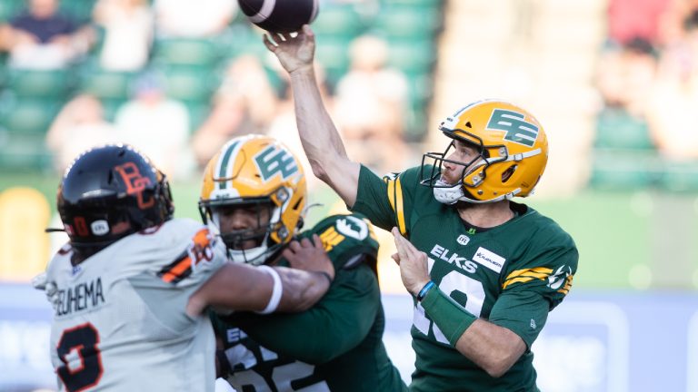 Edmonton Elks' quarterback McLeod Bethel-Thompson (10) makes the throw against the B.C. Lions during second half CFL action in Edmonton, Sunday, Aug. 11, 2024. (Jason Franson/CP)