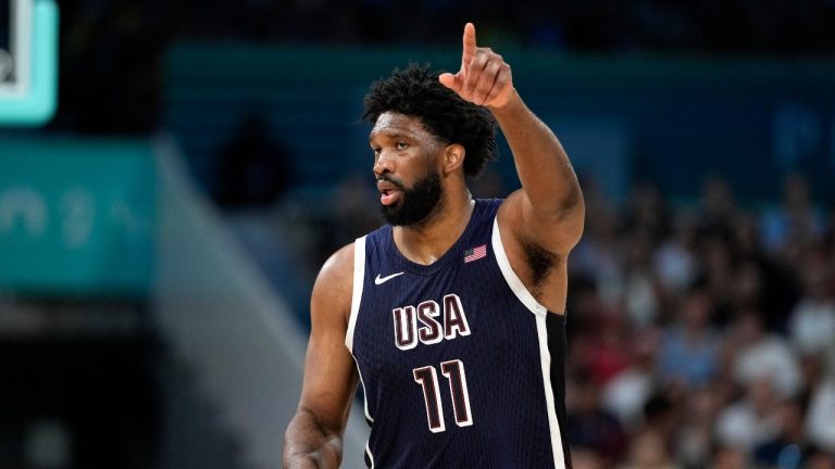 United States' Joel Embiid gestures after scoring during a men's basketball game against Puerto Rico at the 2024 Summer Olympics, Saturday, Aug. 3, 2024, in Villeneuve-d'Ascq, France. (Michael Conroy/AP Photo)