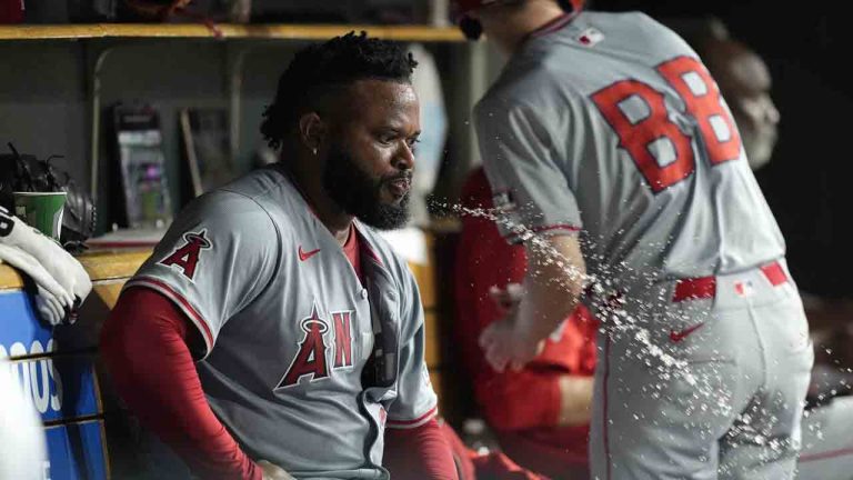 Los Angeles Angels starting pitcher Johnny Cueto sits in the dugout after being relieved during the sixth inning of a baseball game against the Detroit Tigers, Tuesday, Aug. 27, 2024, in Detroit. (Carlos Osorio/AP)