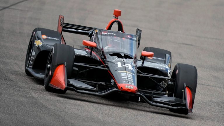 Santino Ferrucci drives during an IndyCar auto race, Sunday, July 14, 2024, at Iowa Speedway in Newton, Iowa. (Charlie Neibergall/AP)