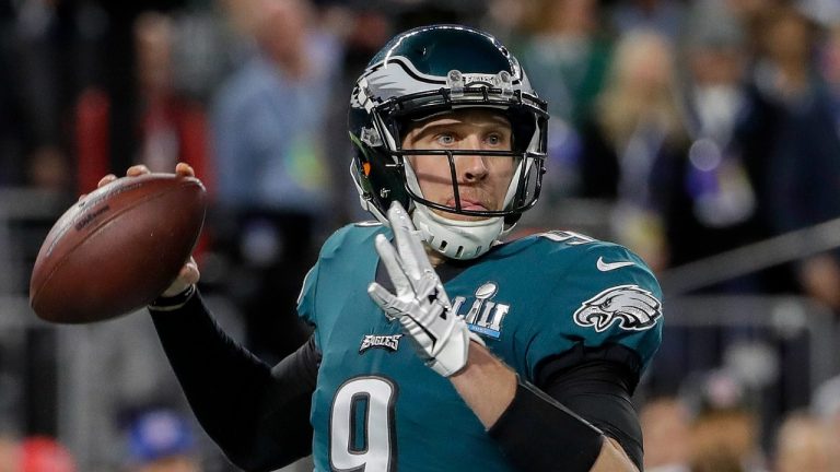 Philadelphia Eagles quarterback Nick Foles throws during the first half of the NFL Super Bowl 52 football game against the New England Patriots Sunday, Feb. 4, 2018, in Minneapolis. (Matt Slocum/AP)