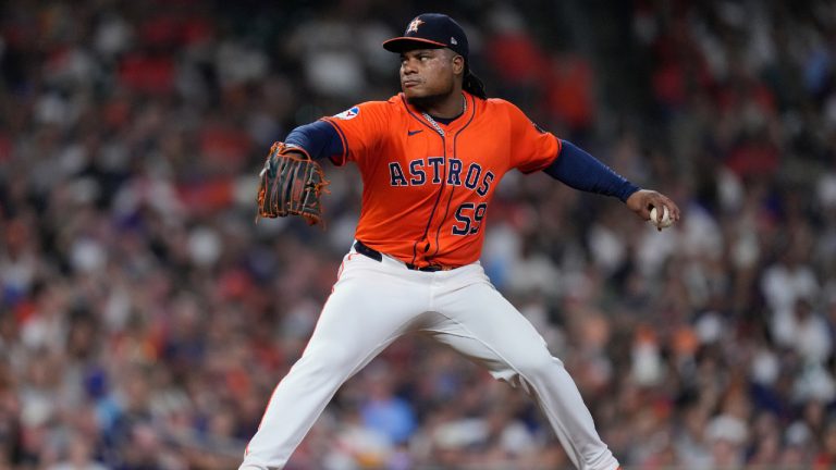 Houston Astros starting pitcher Framber Valdez delivers during the seventh inning of a baseball game against the Kansas City Royals, Friday, Aug. 30, 2024, in Houston. (Kevin M. Cox/AP)