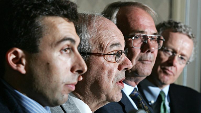 New owners of the Ottawa Renegades Lonie Glieberman (left to right) his father Bernard Glieberman, along with co-owner Bill Smith and CFL Commissioner Tom Wright attend a news conference in Ottawa, Tuesday, May 31, 2005. The Glieberman's partnered with previous co-owner Bill Smith to support the CFL team.(Jonathan Hayward/CP Photo)