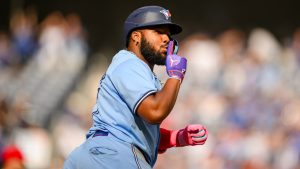 Toronto Blue Jays' Vladimir Guerrero Jr. (27) celebrates after hitting a home run during eighth inning MLB baseball action against the Los Angeles Angels, in Toronto, Saturday, Aug. 24, 2024. (Christopher Katsarov/CP)