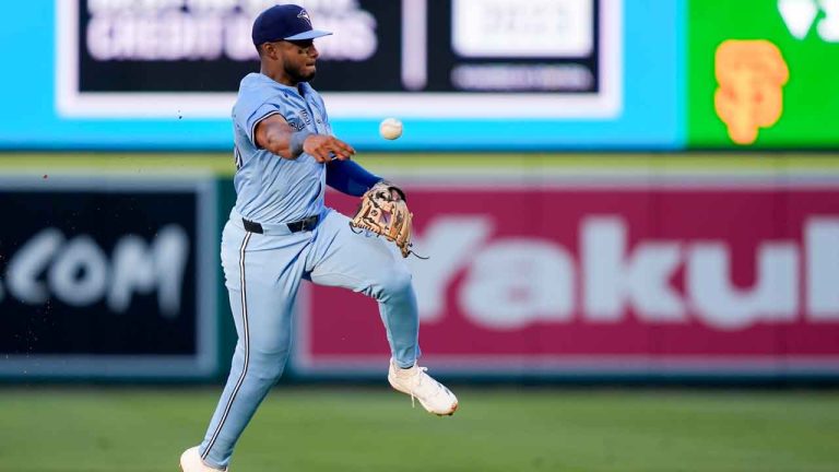 Toronto Blue Jays shortstop Leo Jimenez throws out Los Angeles Angels' Nolan Schanuel at first during the first inning of a baseball game. (Ryan Sun/AP)