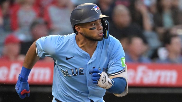 Toronto Blue Jays' Leo Jimenez runs the bases after hitting two-run home run during the third inning of a baseball game against the Los Angeles Angels, Monday, Aug. 12, 2024, in Anaheim, Calif. (Jayne-Kamin-Oncea/AP)