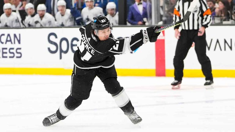 Los Angeles Kings defenseman Jordan Spence shoots to score during the second period of an NHL hockey game against the Vancouver Canucks, Saturday, April 6, 2024, in Los Angeles. (Ryan Sun/AP)