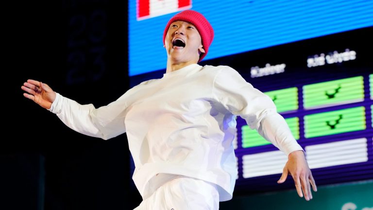 Canada's Philip Kim (B-Boy Phil Wizard) competes against Jeff Louis (B-Boy Jeffro) of the United States in the B-boys gold medal finals for breaking at the Pan Am Games in Santiago, Chile on Saturday, Nov. 4, 2023. (Frank Gunn/THE CANADIAN PRESS)