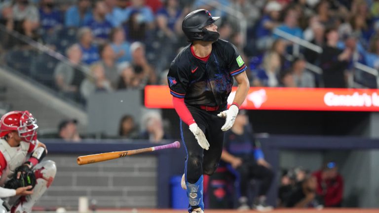 Toronto Blue Jays outfielder Joey Loperfido hits a game-tying home run during ninth inning MLB baseball action against the Los Angeles Angels in Toronto on Friday August 23, 2024. (Chris Young/CP)