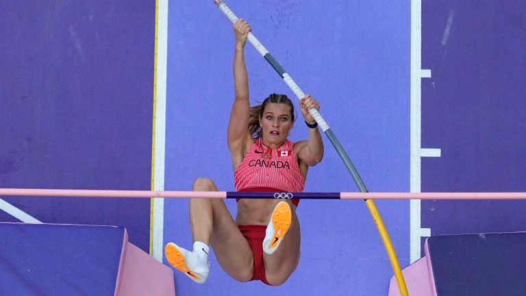 Alysha Newman, of Canada, competes in the women's pole vault qualification at the 2024 Summer Olympics, Monday, Aug. 5, 2024, in Saint-Denis, France. (David J. Phillip/AP)