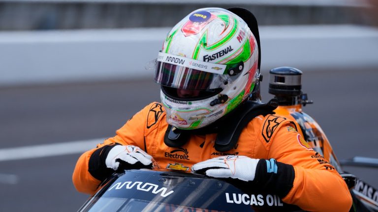 Pato O'Ward, of Mexico, climbs out of his car during qualifications for the Indianapolis 500 auto race at Indianapolis Motor Speedway, Sunday, May 19, 2024, in Indianapolis. (Darron Cummings/AP)