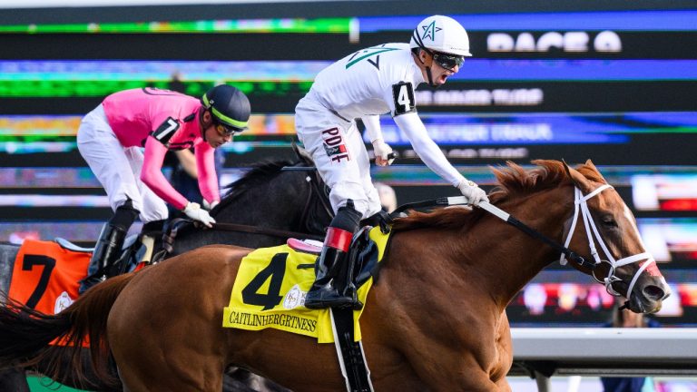 Jockey Rafael Hernandez riding Caitlinhergrtness (right) beats Gary Barber riding My Boy Prince, across the finish line to win the 165th running of the King's Plate horse race in Toronto on Friday, August 23, 2024. (Christopher Katsarov/THE CANADIAN PRESS)