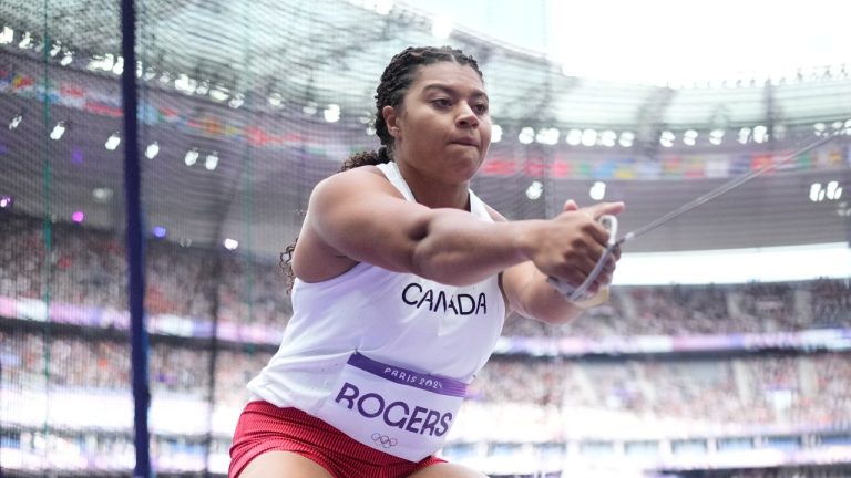 Camryn Rogers, of Canada, competes in the women's hammer throw qualification at the 2024 Summer Olympics, Sunday, Aug. 4, 2024, in Saint-Denis, France. (Bernat Armangue/AP Photo)